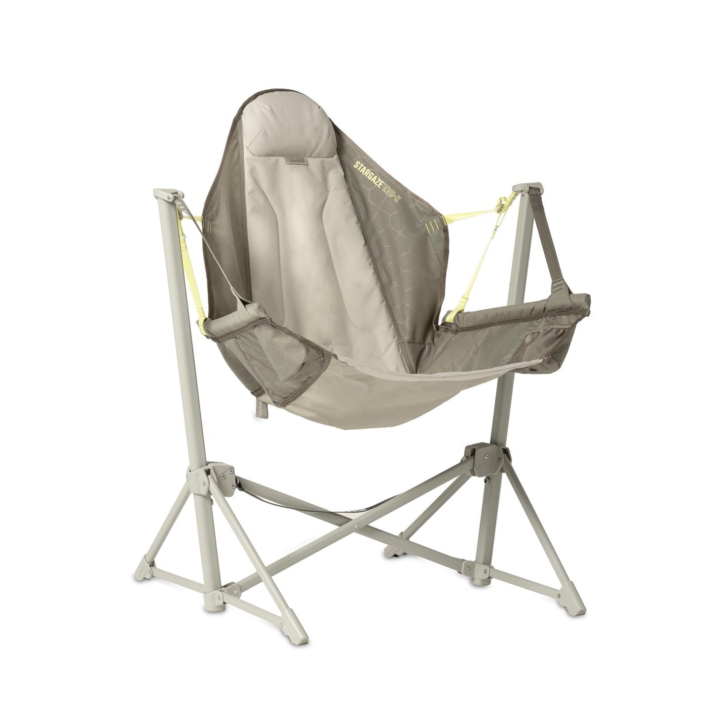 The NEMO Equipment Stargaze™ EVO-X Folding Reclining Camp Chair is a portable, foldable luxury seat with a high backrest, armrests, sturdy metal frame, and light gray fabric for comfortable outdoor relaxation.