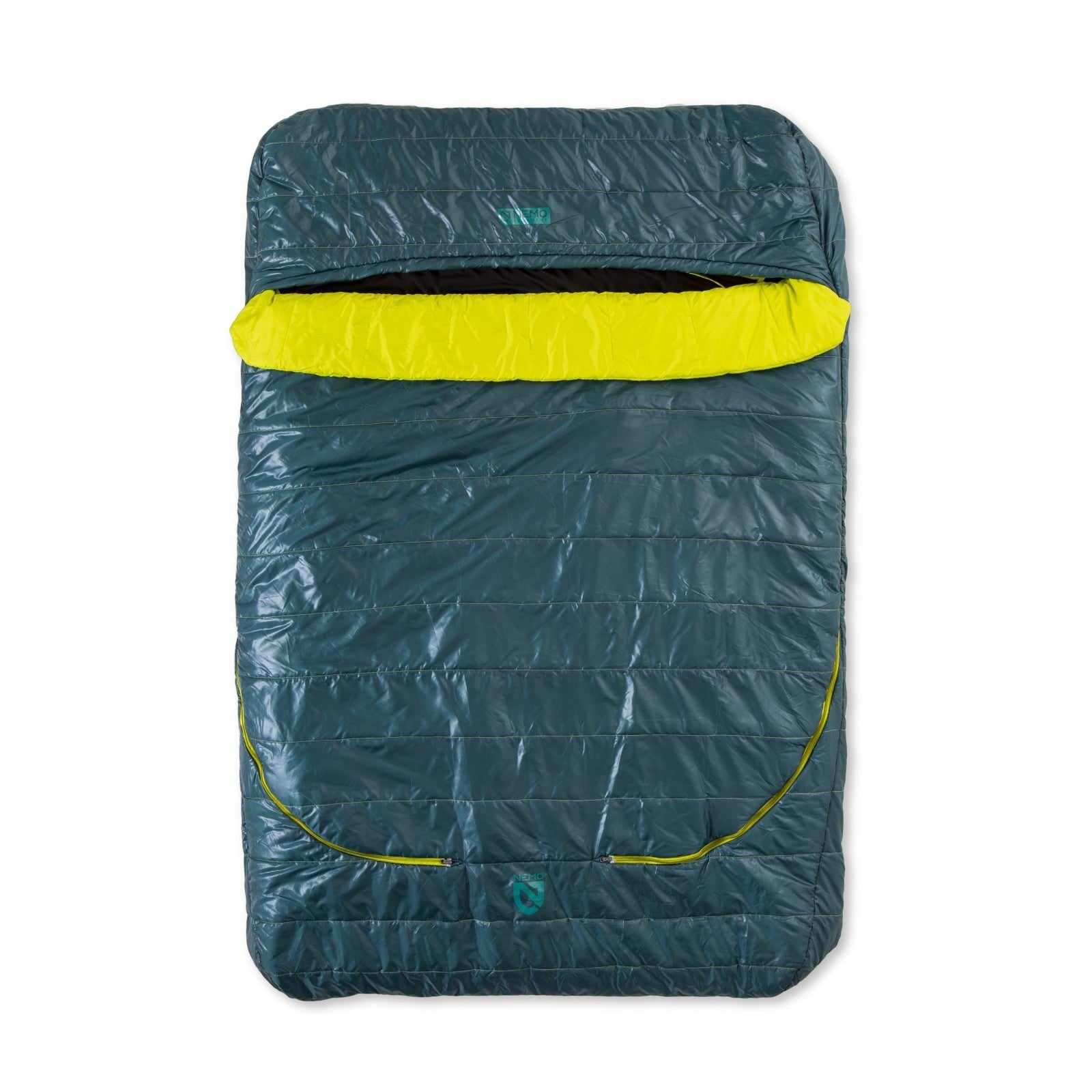 The NEMO Equipment Jazz™ Double Synthetic Sleeping Bag is a rectangular, dark teal insulated quilted bag with a bright yellow interior collar, shown laid flat on a white background.