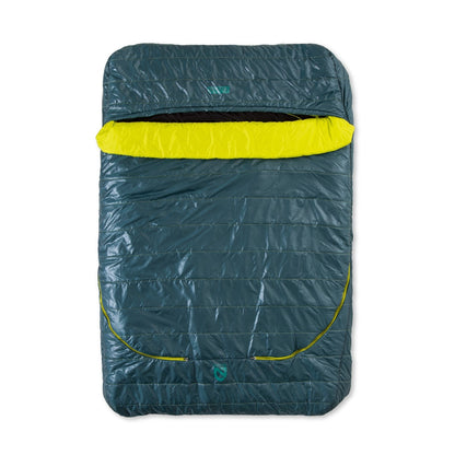 The NEMO Equipment Jazz™ Double Synthetic Sleeping Bag is a rectangular, dark teal insulated quilted bag with a bright yellow interior collar, shown laid flat on a white background.