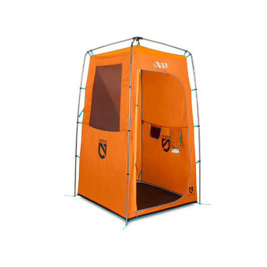 The NEMO Equipment Heliopolis™ Privacy Shelter & Shower Tent is an orange, upright portable shower tent with a mesh window, open front flap, and storage pockets—ideal for privacy while camping or enjoying the outdoors.