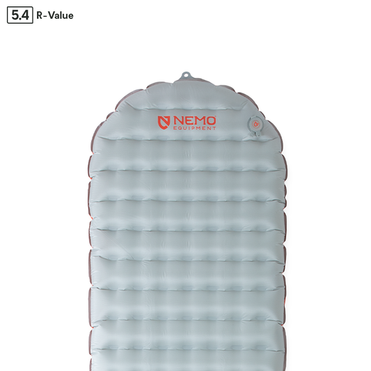 A gray NEMO Equipment Tensor™ All-Season Ultralight Insulated Sleeping Pad with a 5.4 R-Value label is shown, featuring Spaceframe™ baffle design for improved stability and comfort.