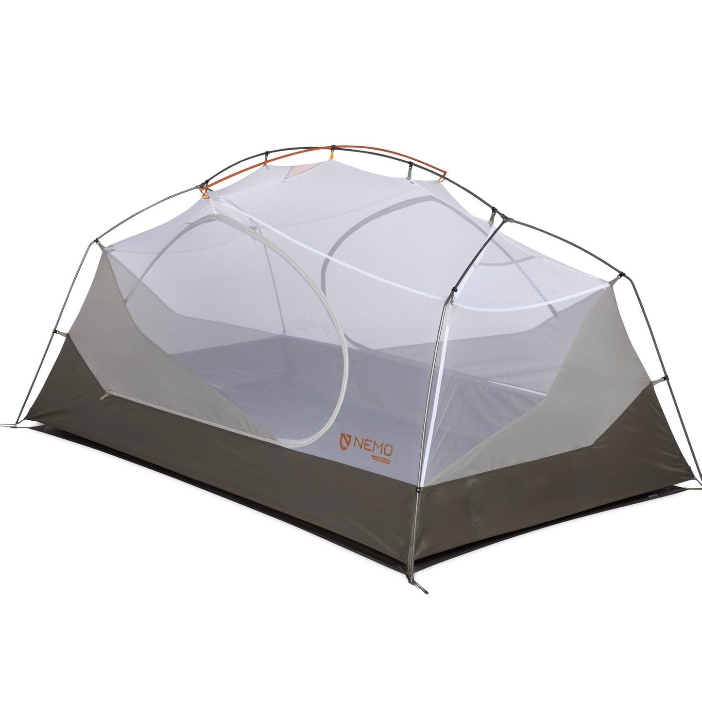 The NEMO Equipment Aurora™ Backpacking Tent & Footprint is a lightweight two-person tent with mesh upper panels and a gray rainfly over the lower section, shown pitched on a white background.